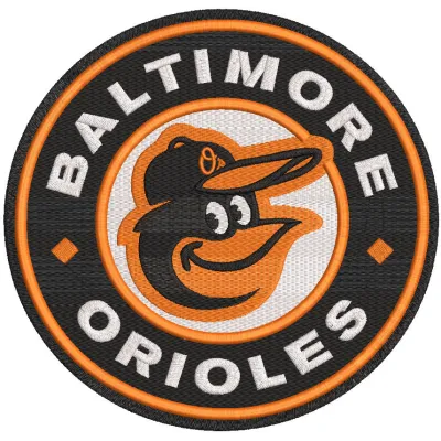 Embroidery design preview of the Baltimore Orioles round logo with vibrant colors and detailed stitching.