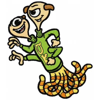 Terri and Terry embroidery design featuring playful monster motifs, perfect for kids' apparel and accessories.