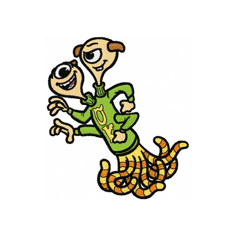 Terri and Terry embroidery design featuring playful monster motifs, perfect for kids' apparel and accessories.