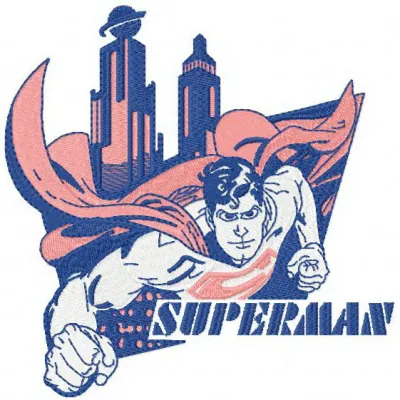Superman flying over a city in a vibrant embroidery design, perfect for t-shirts and sweatshirts.