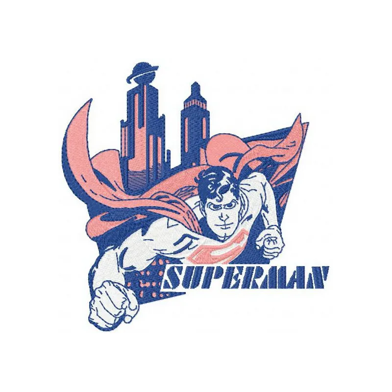 Superman flying over a city in a vibrant embroidery design, perfect for t-shirts and sweatshirts.
