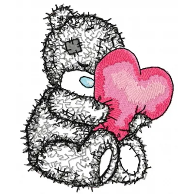 Teddy bear holding a heart-shaped pillow, showcasing a cute applique embroidery design for creative projects.