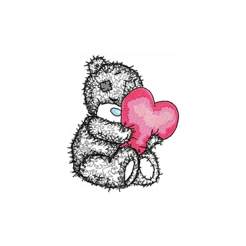 Teddy bear holding a heart-shaped pillow, showcasing a cute applique embroidery design for creative projects.