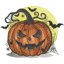 Preview of a Halloween pumpkin bats and spider web embroidery design featuring vibrant colors and detailed stitching.