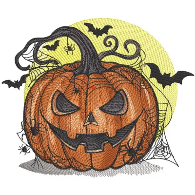 Preview of a Halloween pumpkin bats and spider web embroidery design featuring vibrant colors and detailed stitching.