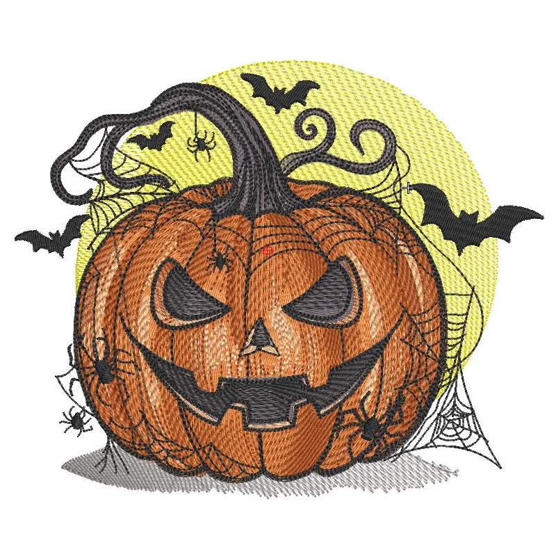 Preview of a Halloween pumpkin bats and spider web embroidery design featuring vibrant colors and detailed stitching.