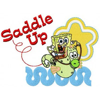 Embroidery design featuring SpongeBob riding a sea horse, perfect for fun and playful stitching projects.