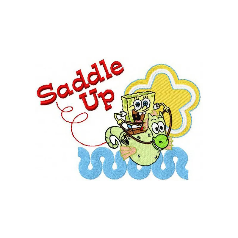 Embroidery design featuring SpongeBob riding a sea horse, perfect for fun and playful stitching projects.