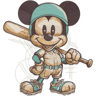 Mickey Mouse Baseball sketch embroidery design preview showcasing vibrant details and clean stitching.