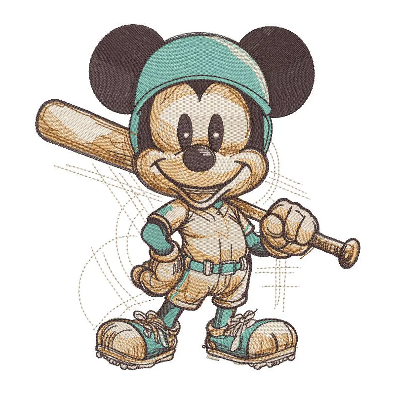 Mickey Mouse Baseball sketch embroidery design preview showcasing vibrant details and clean stitching.