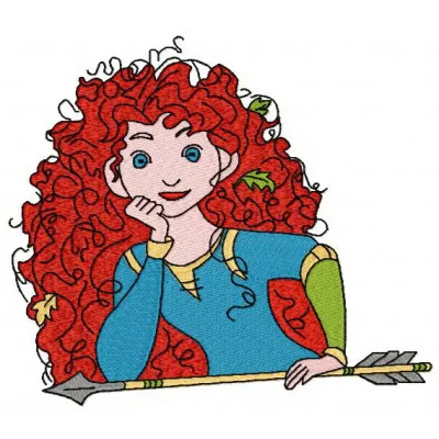 Brave Princess Merida with arrow embroidery design preview, showcasing intricate stitching details and vibrant colors.