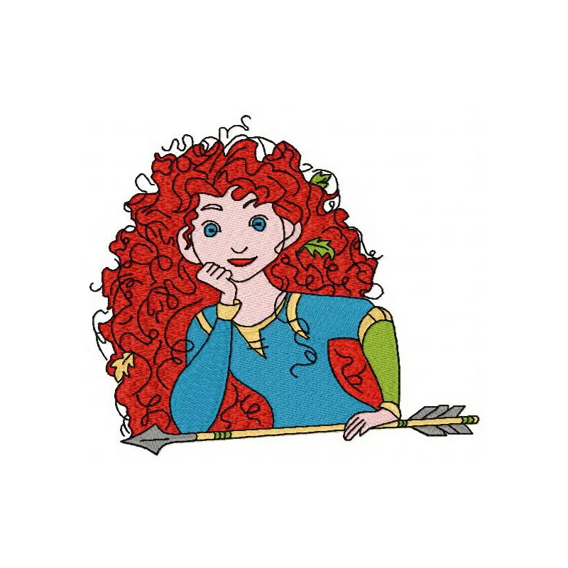 Brave Princess Merida with arrow embroidery design preview, showcasing intricate stitching details and vibrant colors.