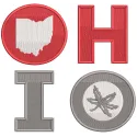Embroidery design preview of the Ohio State four letters logo, featuring bold red and white colors.