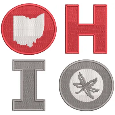 Embroidery design preview of the Ohio State four letters logo, featuring bold red and white colors.