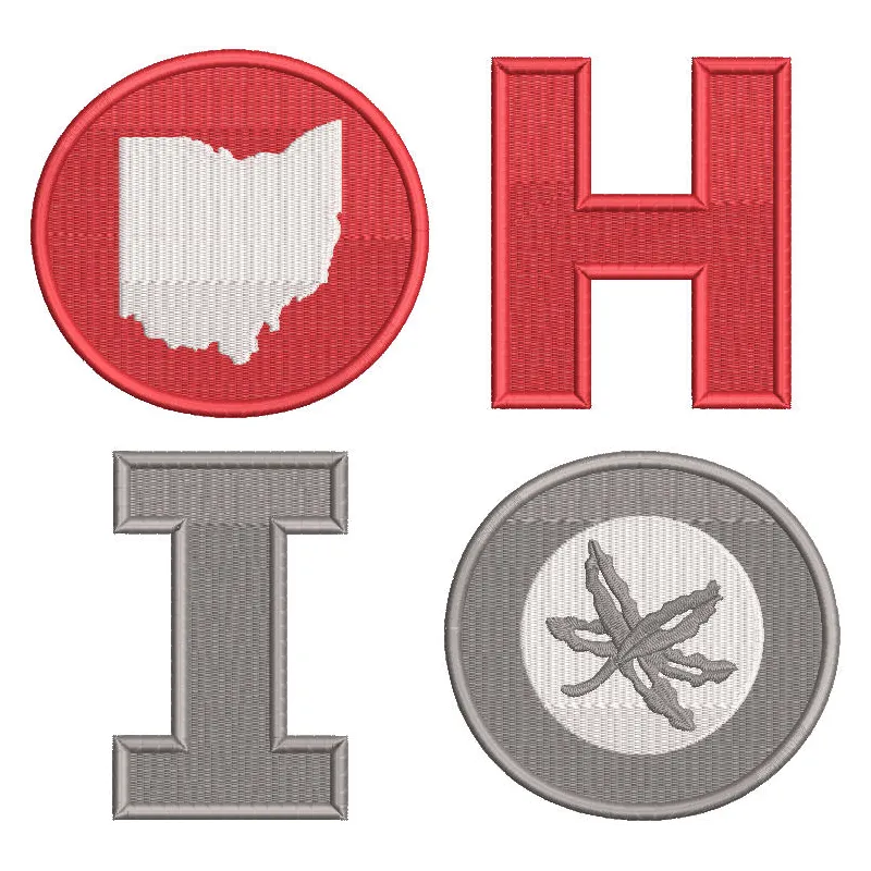 Embroidery design preview of the Ohio State four letters logo, featuring bold red and white colors.