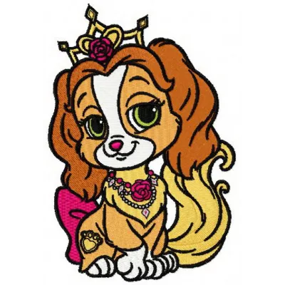 Teacup embroidery design featuring adorable palace pets, ideal for stitching on tote bags or kitchen towels.