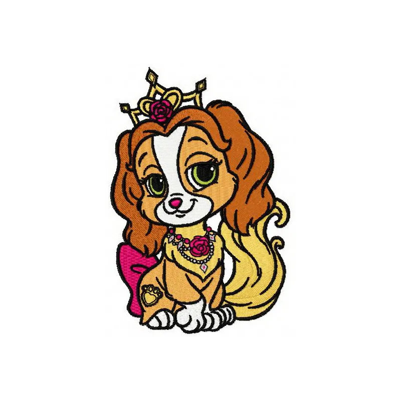 Teacup embroidery design featuring adorable palace pets, ideal for stitching on tote bags or kitchen towels.