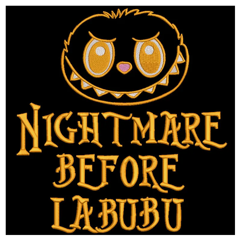 Embroidery design preview of Nightmare Before Labubu featuring vibrant colors and detailed stitching.