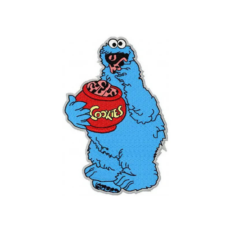 Cookie Monster embroidery design featuring a playful character from Sesame Street, ideal for t-shirts and tote bags.
