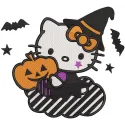 Preview of Hello Kitty witch pumpkin embroidery design featuring vibrant colors and detailed stitching.