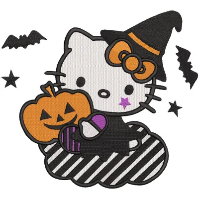 Preview of Hello Kitty witch pumpkin embroidery design featuring vibrant colors and detailed stitching.
