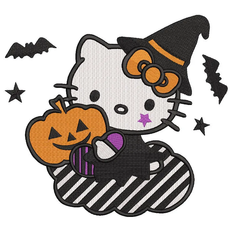 Preview of Hello Kitty witch pumpkin embroidery design featuring vibrant colors and detailed stitching.