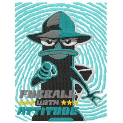 Perry the Platypus furball embroidery design showcasing playful attitude, perfect for crafting on various fabrics.
