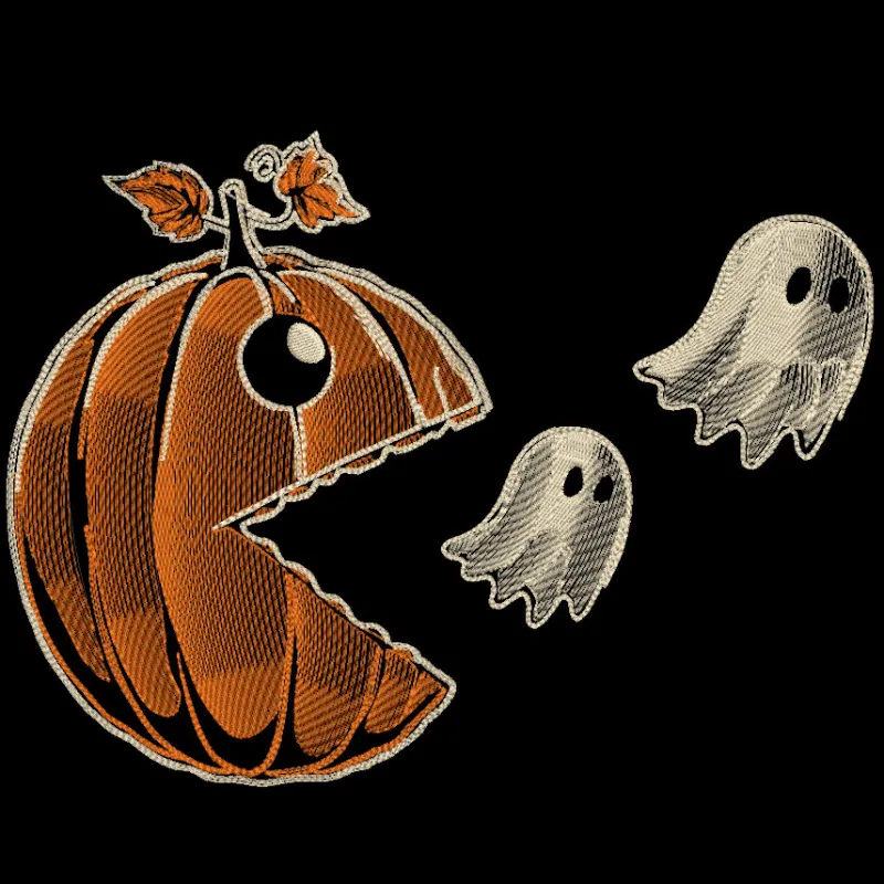 Preview of Pumpkin PacMan embroidery design for Halloween featuring vibrant colors and detailed stitching.