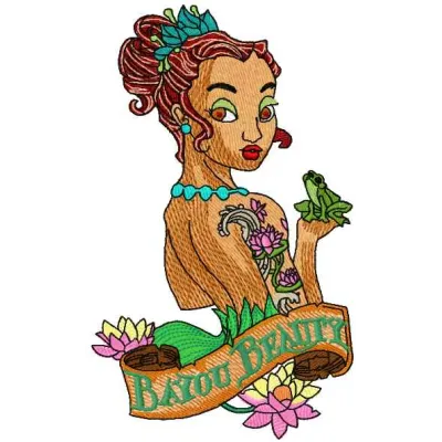 Bayou Beauty 2 embroidery design featuring a whimsical princess motif, ideal for t-shirts and tote bags.