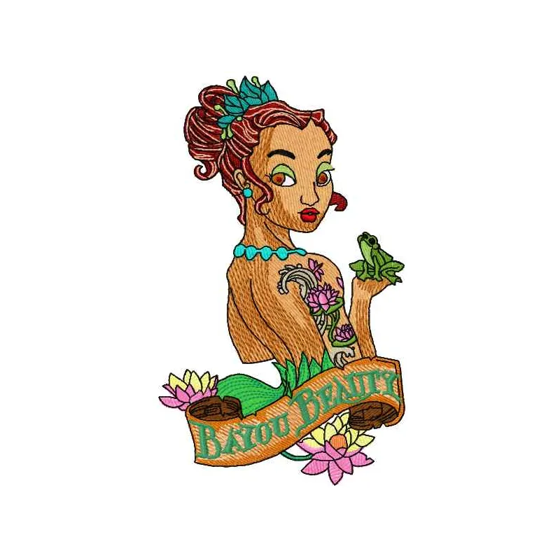 Bayou Beauty 2 embroidery design featuring a whimsical princess motif, ideal for t-shirts and tote bags.