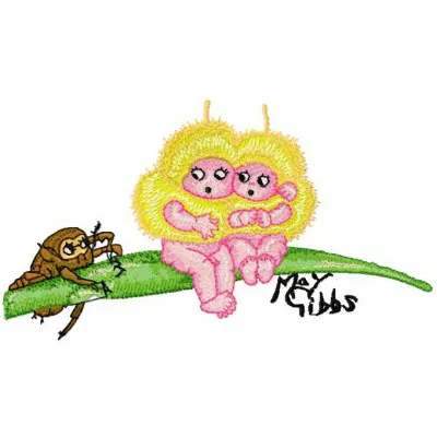 Preview of 'We are Afraid of this Beetle 2' embroidery design featuring whimsical motifs inspired by May Gibbs.