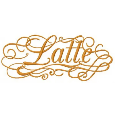 Latte embroidery design featuring a steaming cup of coffee, perfect for embellishing tote bags and kitchen towels.