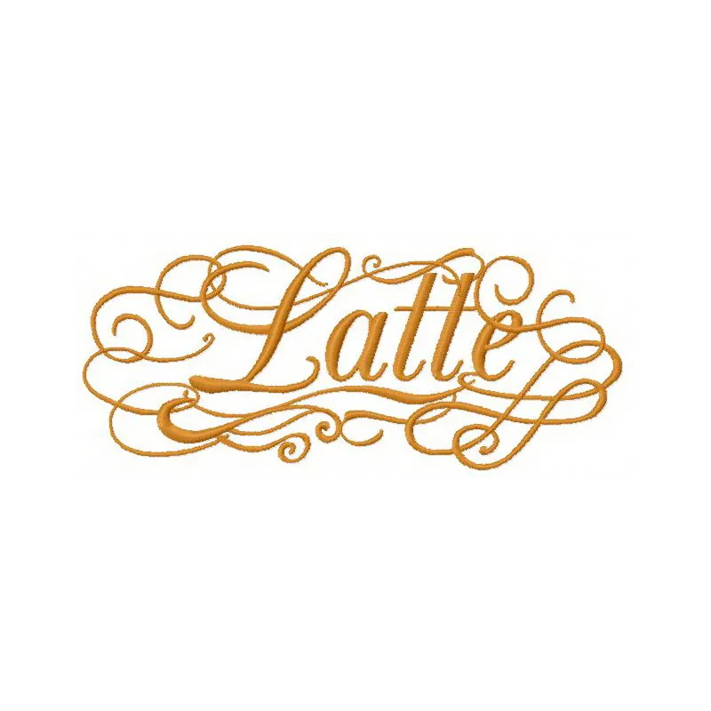 Latte embroidery design featuring a steaming cup of coffee, perfect for embellishing tote bags and kitchen towels.