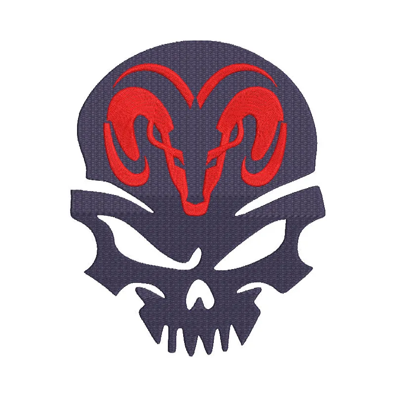 Embroidery design preview of the Dodge Logo Calavera featuring intricate details and vibrant colors.