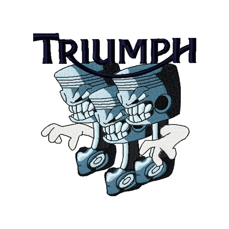 Triumph trio logo embroidery design preview showcasing detailed stitching and vibrant colors.