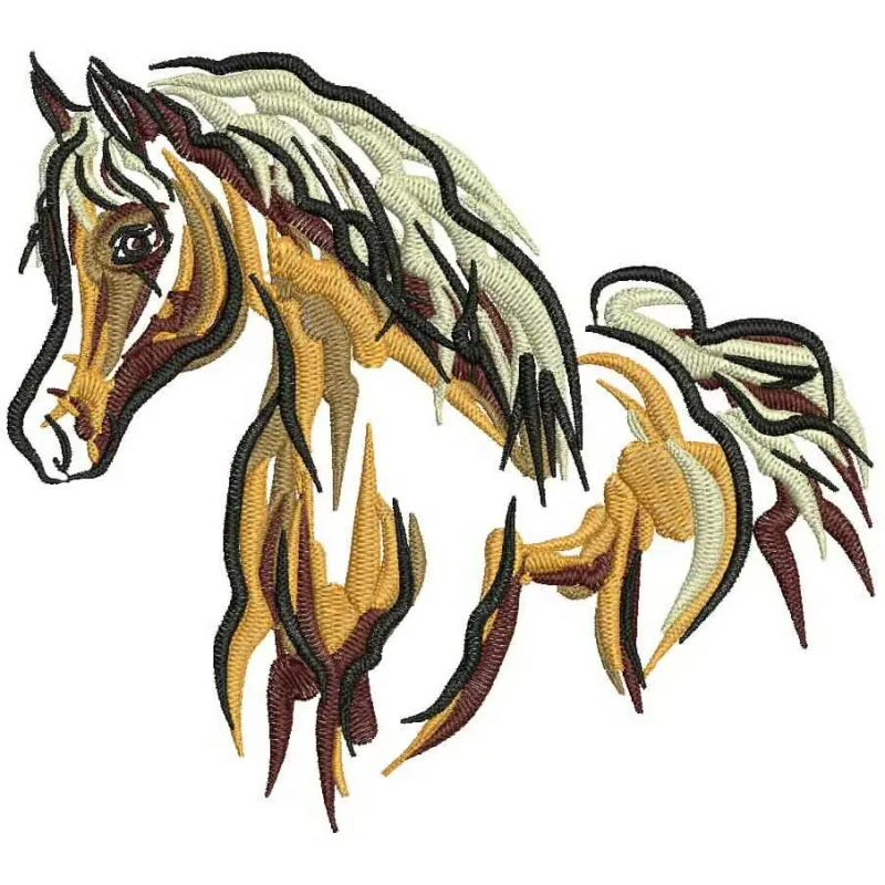 Preview of Horse Mascot 2 embroidery design, showcasing intricate stitching patterns for various fabric items.
