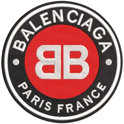 Embroidery design preview of Balenciaga Paris France logo, showcasing detailed stitching and vibrant colors.