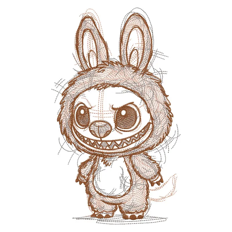 Preview of Labubu sketch style embroidery design showcasing intricate details and vibrant colors.