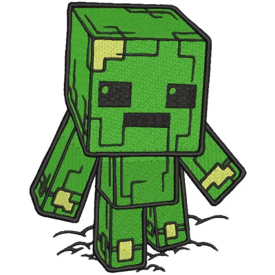 Embroidery design preview of a Creeper from Minecraft, showcasing detailed stitching and vibrant colors.