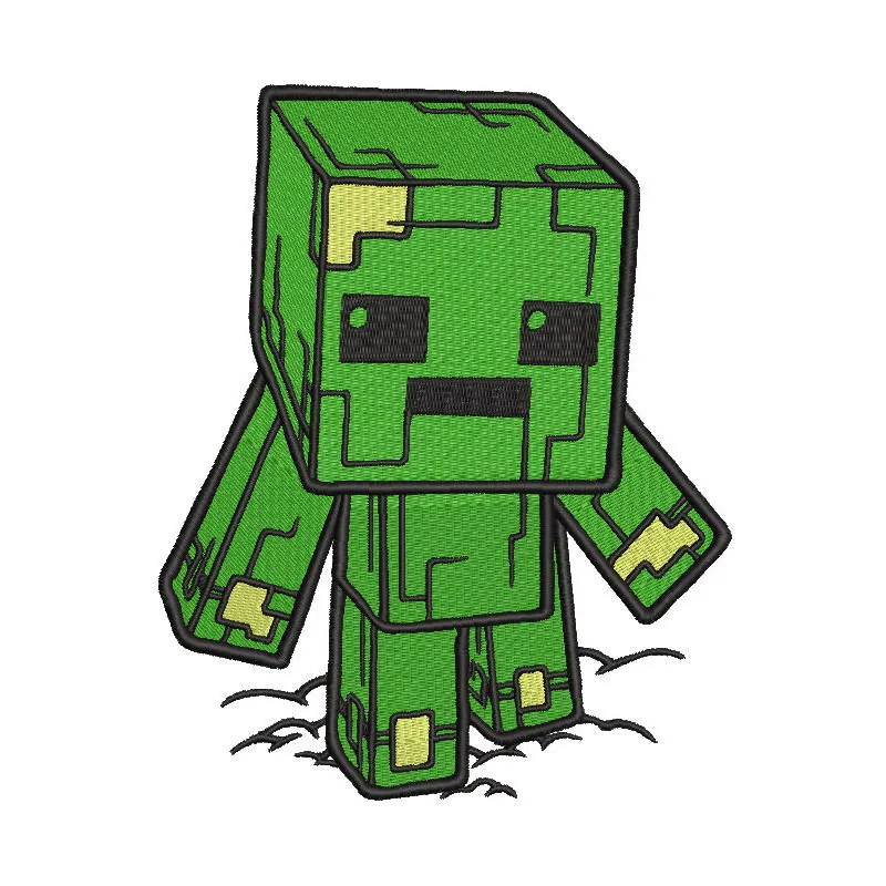Embroidery design preview of a Creeper from Minecraft, showcasing detailed stitching and vibrant colors.