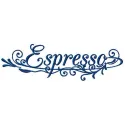 Espresso embroidery design showcasing a coffee cup with steam, ideal for embellishing kitchen towels or aprons.