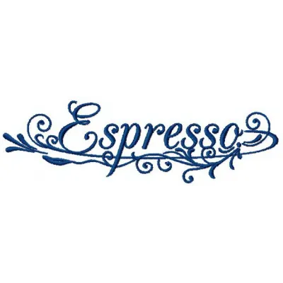 Espresso embroidery design showcasing a coffee cup with steam, ideal for embellishing kitchen towels or aprons.
