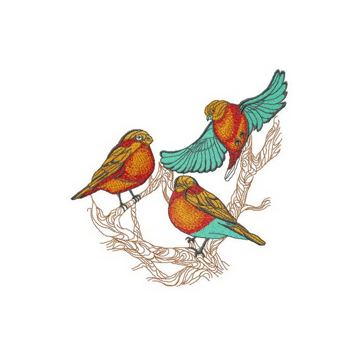 Three bullfinches on tree embroidery design - Embroidery Design