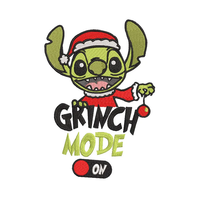 Embroidery design preview of Stitch Grinch mode featuring vibrant colors and detailed stitching.