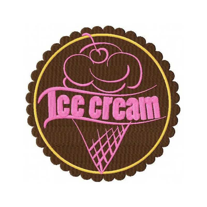 Ice cream badge embroidery design showcasing a delightful ice cream motif, perfect for embellishing various fabric items.