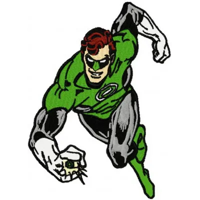 Embroidery design featuring Green Lantern in an action pose, ideal for stitching on t-shirts or tote bags.