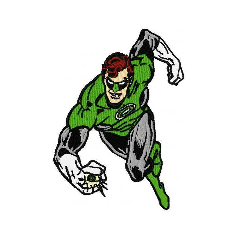 Embroidery design featuring Green Lantern in an action pose, ideal for stitching on t-shirts or tote bags.