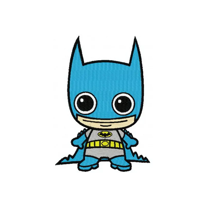 Chibi Batman embroidery design featuring a cute, stylized Batman motif ideal for various fabric projects.
