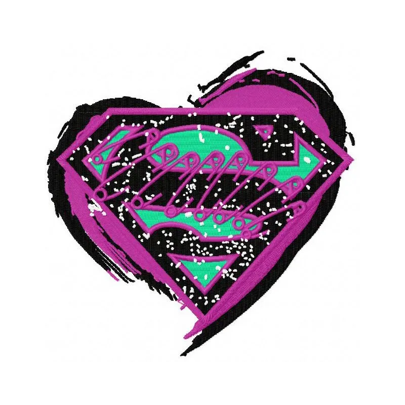 Preview of Supergirl's heart open embroidery design featuring a vibrant and dynamic stitched motif.