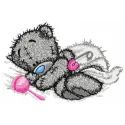 Teddy bear with rattle embroidery design, showcasing a cute stitched motif for baby items like onesies and blankets.